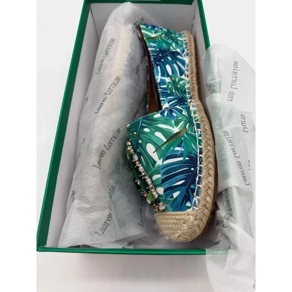 Lauren Lorraine Tropical Palm Print Gemstone Espadrille Flats Green Blue 8.5